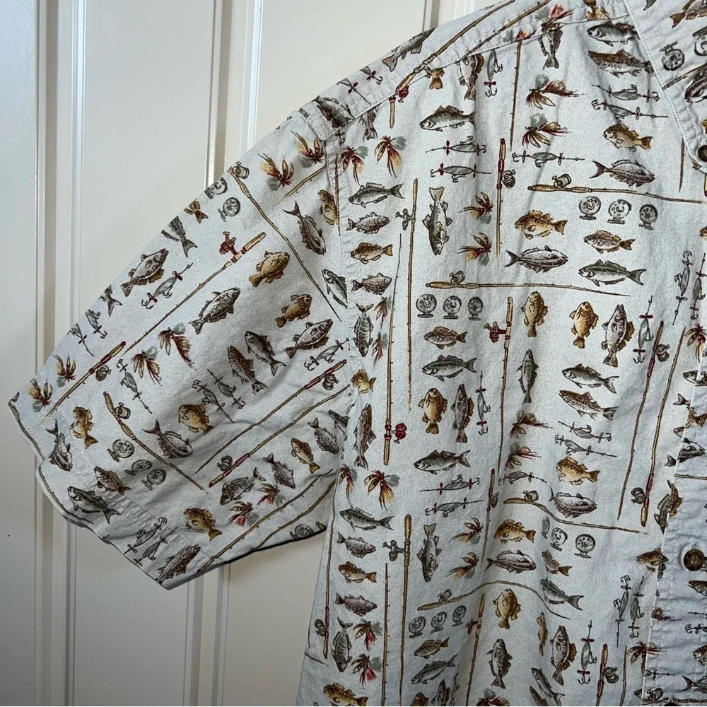 Woolrich Vintage Khaki Freshwater Fish Button Front Short Sleeve Shirt Size XL - Picture 6 of 12